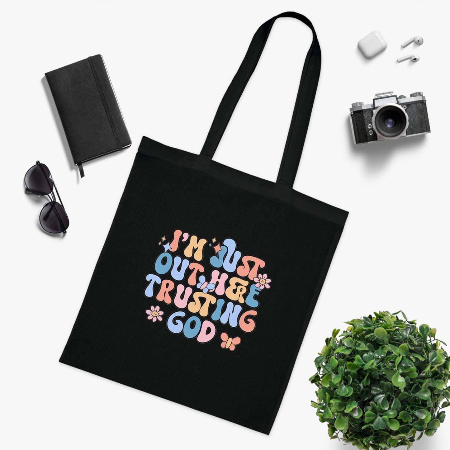 Trusting God Floral Tote | Retro Faith Cotton Tote Bag | Christian Faith Canvas Tote Bag for Men | Church & Everyday Use | I’m Just Out Here Trusting God Tote Bag