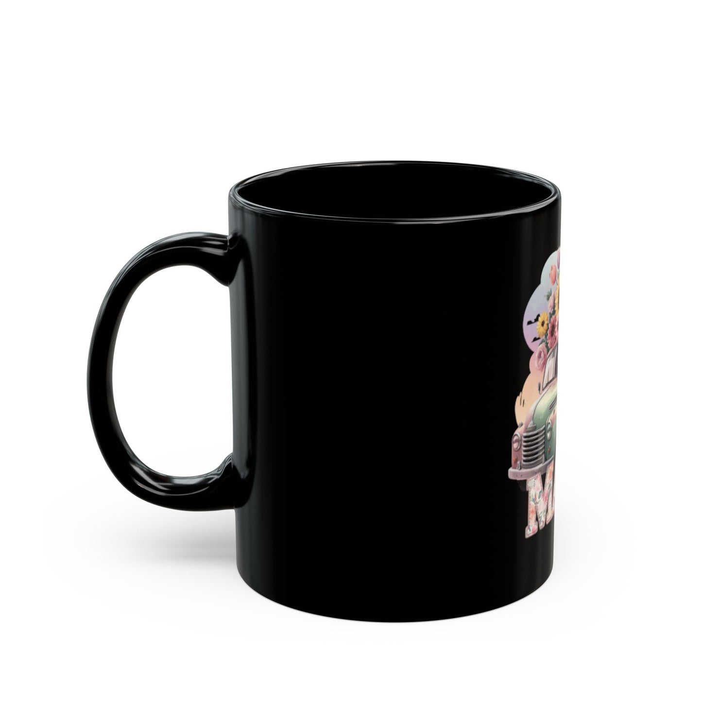 Mother’s Day Ceramic Mug | Mama Floral Truck Mug  | Vintage Flower Coffee Cup for Mom | Cute Mama Gift Mug | Black Mug  | 11oz | 15oz