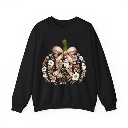 Cute Ghost Pumpkin Sweatshirt | Floral Halloween Crewneck | Spooky Pumpkin Bow Sweater | Fall Ghost Sweatshirt | Cozy Halloween Gift for Women | Crewneck Sweatshirt | Floral Pumpkin Wreath with Ribbon...