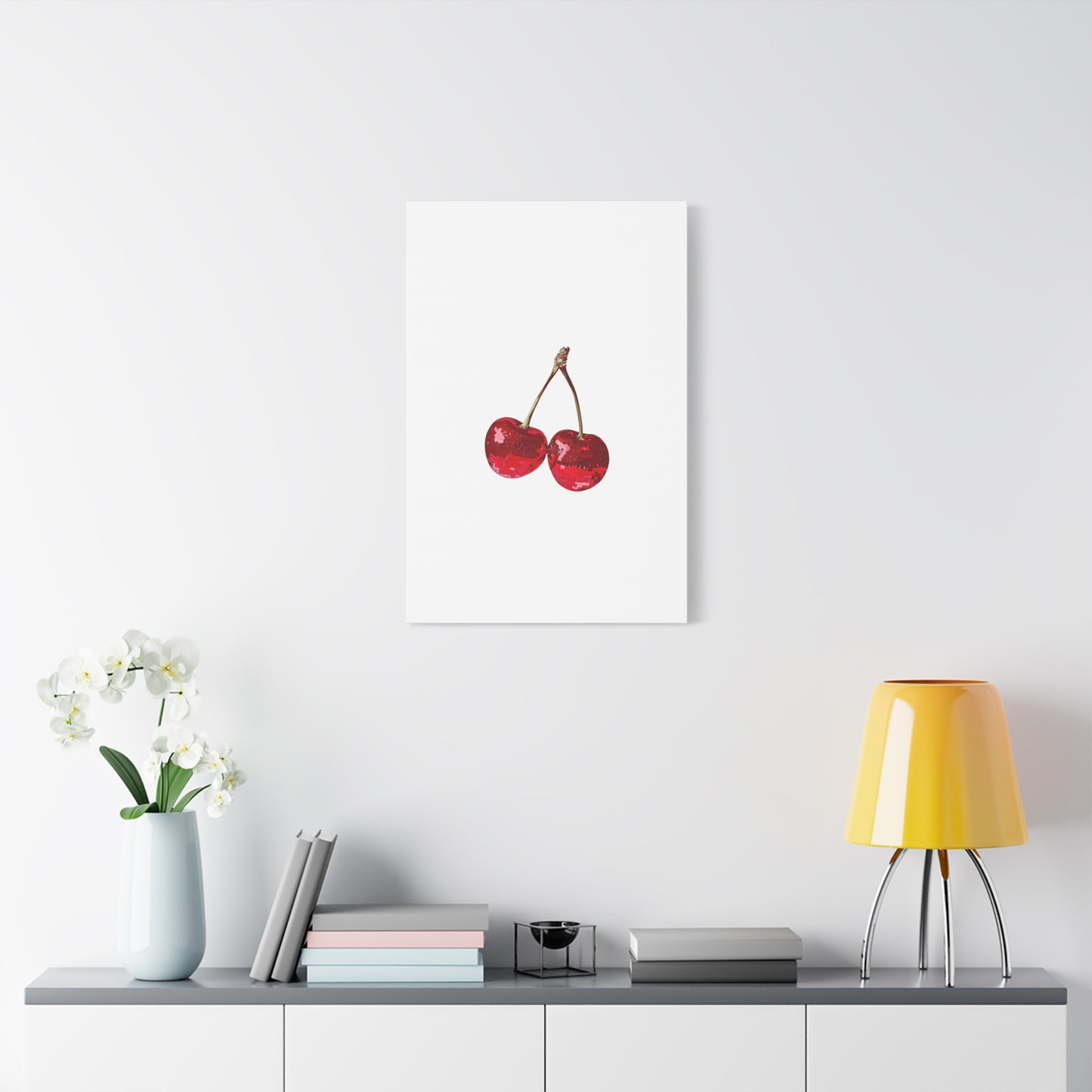Red Glitter Disco Cherry Wall Art Print | Sparkly Pop Art Fruit Decor | Cherry Duo Matte Canvas Print | Minimal Fruit Wall Art