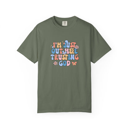 Trusting God Graphic T-Shirt | Retro Floral | I'm Just Out Here Trusting God | Christian Tee | Trusting God T-Shirt | Retro Christian Faith Graphic Tee