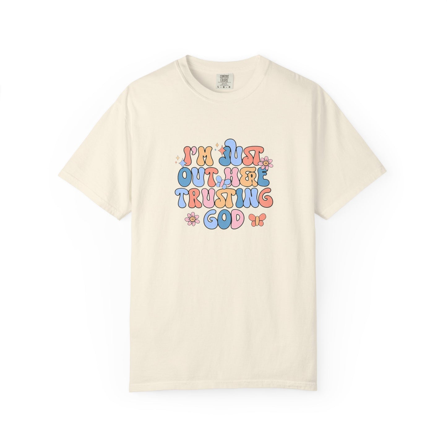 Trusting God Graphic T-Shirt | Retro Floral | I'm Just Out Here Trusting God | Christian Tee | Trusting God T-Shirt | Retro Christian Faith Graphic Tee