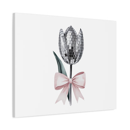 Silver Disco Tulip Wall Art Print with Pink Bow | Glam Floral Decor | Matte Canvas | Stretched |