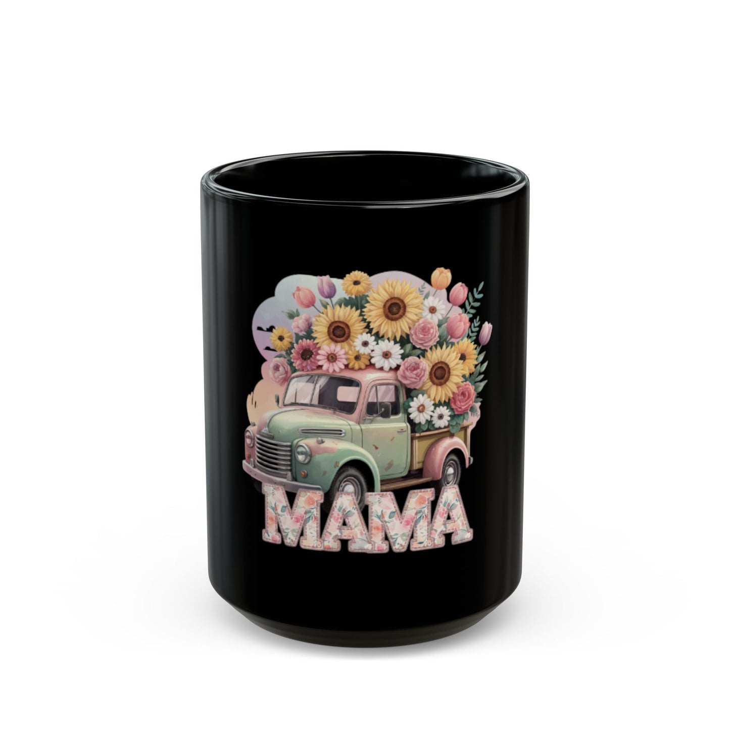 Mother’s Day Ceramic Mug | Mama Floral Truck Mug  | Vintage Flower Coffee Cup for Mom | Cute Mama Gift Mug | Black Mug  | 11oz | 15oz