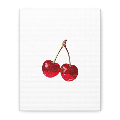Red Glitter Disco Cherry Wall Art Print | Sparkly Pop Art Fruit Decor | Cherry Duo Matte Canvas Print | Minimal Fruit Wall Art