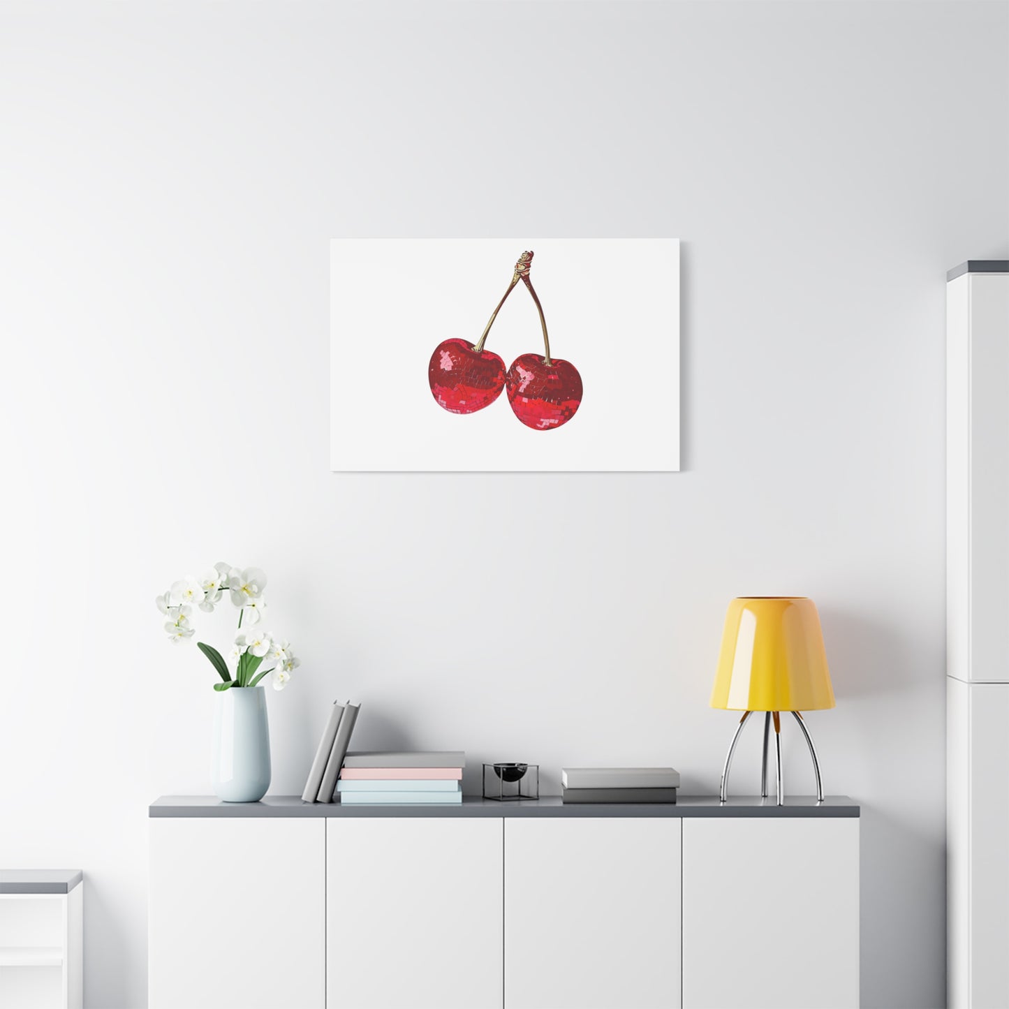 Red Glitter Disco Cherry Wall Art Print | Sparkly Pop Art Fruit Decor | Cherry Duo Matte Canvas Print | Minimal Fruit Wall Art