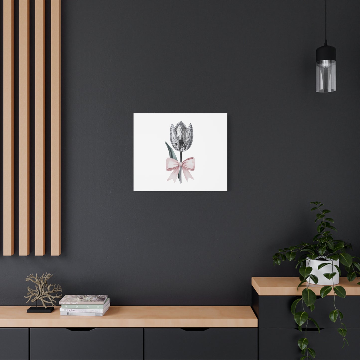 Silver Disco Tulip Wall Art Print with Pink Bow | Glam Floral Decor | Matte Canvas | Stretched |