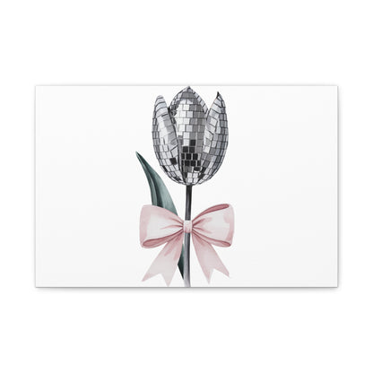 Silver Disco Tulip Wall Art Print with Pink Bow | Glam Floral Decor | Matte Canvas | Stretched |