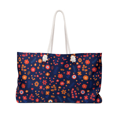 Navy Floral Weekender Bag | Retro Orange & Red Flower Travel Tote | Colorful Boho Carry-On Tote for Stylish Getaways
