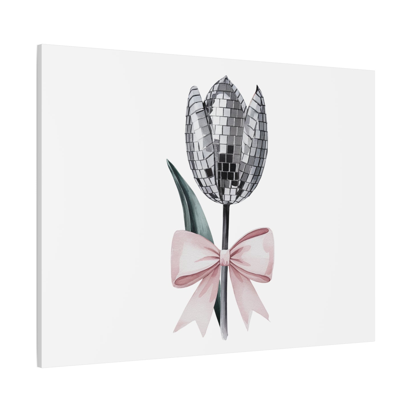 Silver Disco Tulip Wall Art Print with Pink Bow | Glam Floral Decor | Matte Canvas | Stretched |