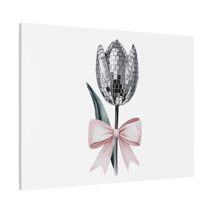 Silver Disco Tulip Wall Art Print with Pink Bow | Glam Floral Decor | Matte Canvas | Stretched |