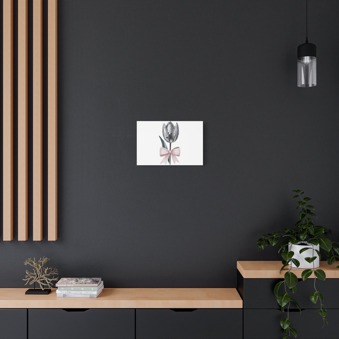 Silver Disco Tulip Wall Art Print with Pink Bow | Glam Floral Decor | Matte Canvas | Stretched |