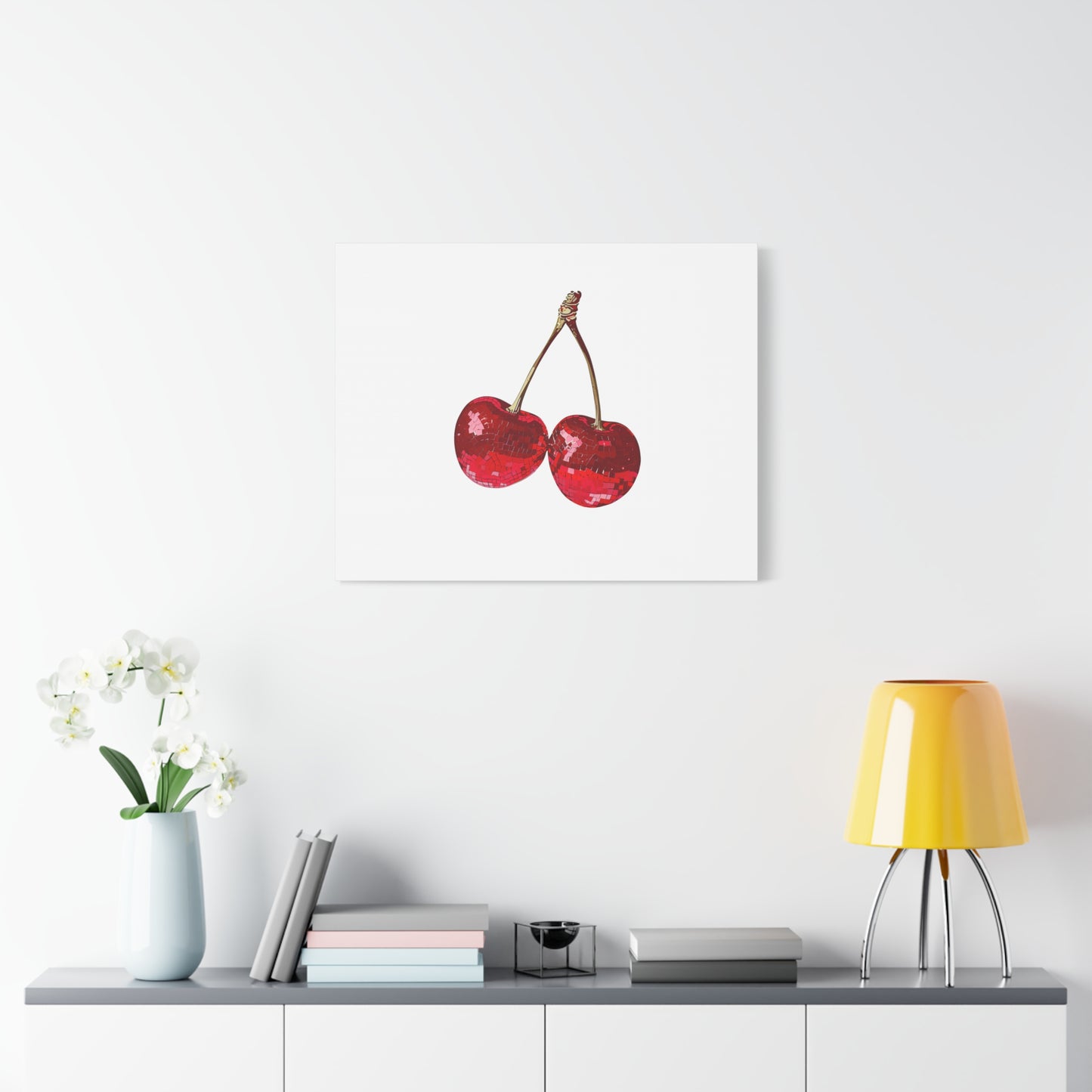 Red Glitter Disco Cherry Wall Art Print | Sparkly Pop Art Fruit Decor | Cherry Duo Matte Canvas Print | Minimal Fruit Wall Art