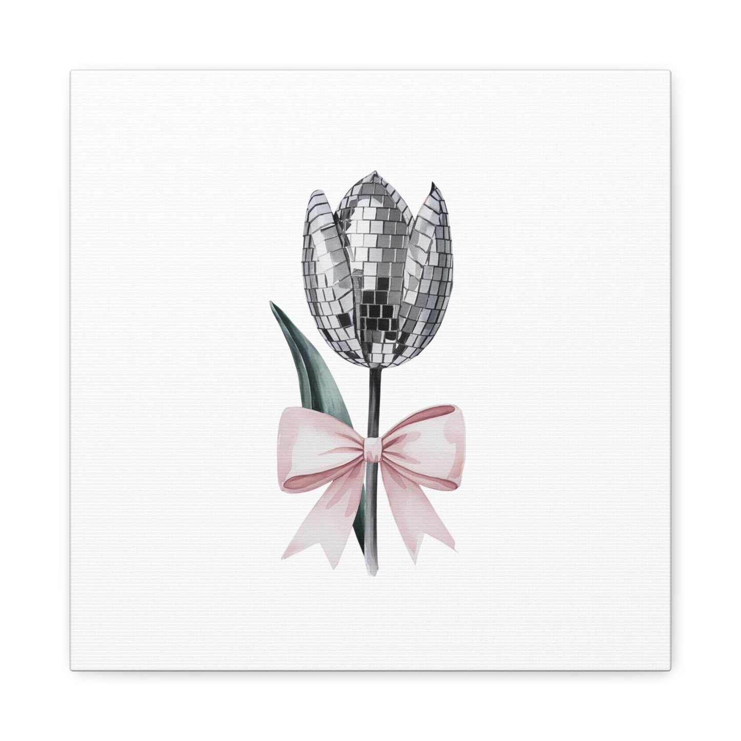 Silver Disco Tulip Wall Art Print with Pink Bow | Glam Floral Decor | Matte Canvas | Stretched |