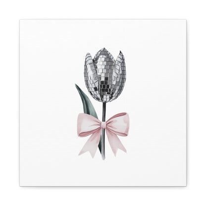 Silver Disco Tulip Wall Art Print with Pink Bow | Glam Floral Decor | Matte Canvas | Stretched |