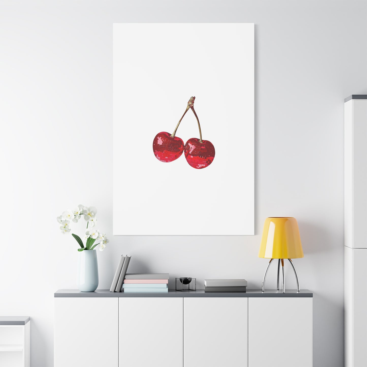 Red Glitter Disco Cherry Wall Art Print | Sparkly Pop Art Fruit Decor | Cherry Duo Matte Canvas Print | Minimal Fruit Wall Art