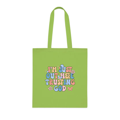 Trusting God Floral Tote | Retro Faith Cotton Tote Bag | Christian Faith Canvas Tote Bag for Men | Church & Everyday Use | I’m Just Out Here Trusting God Tote Bag