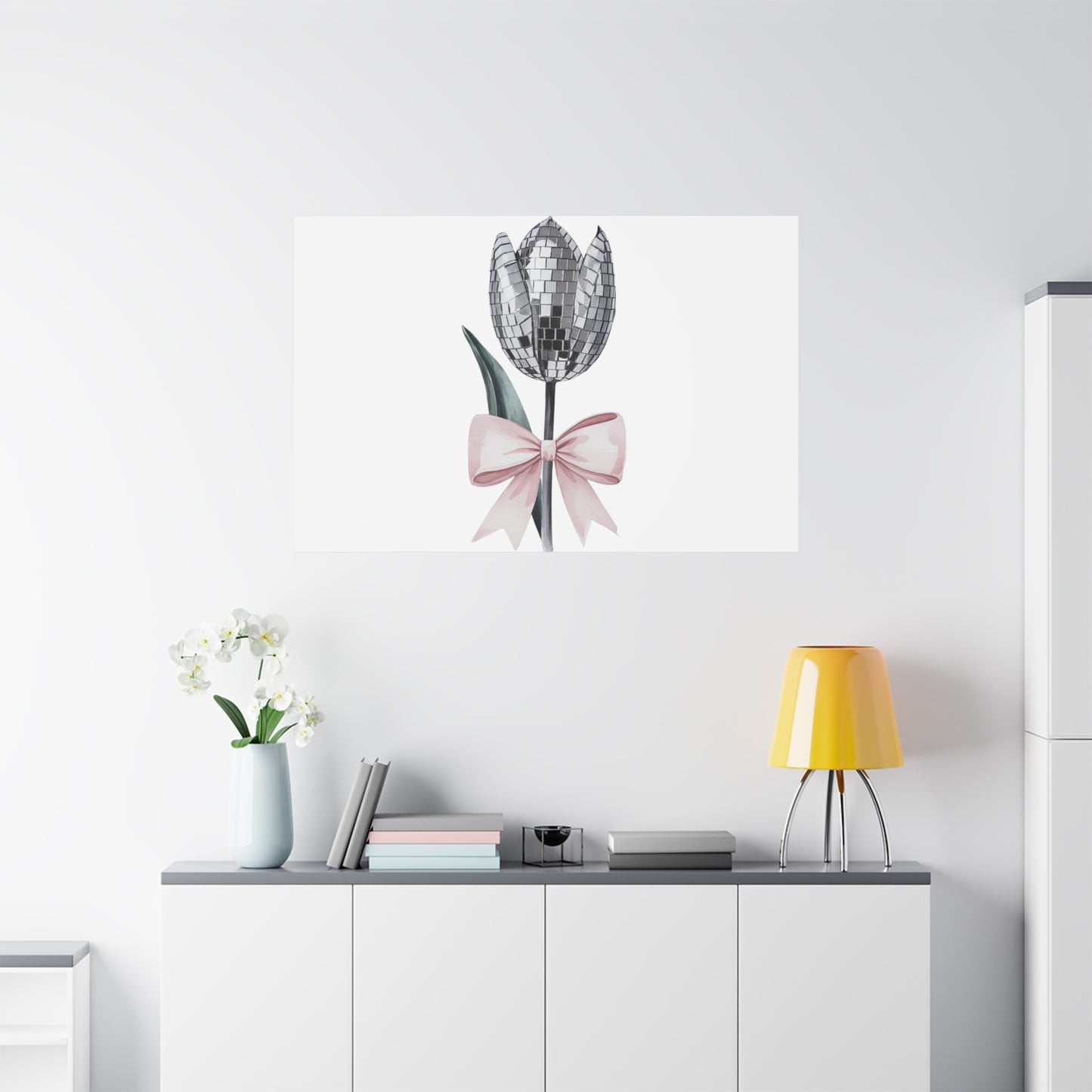 Silver Disco Tulip Wall Art Print with Pink Bow | Glam Floral Decor | Matte Canvas | Stretched |