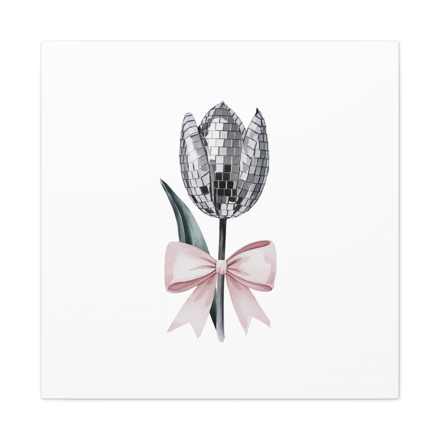 Silver Disco Tulip Wall Art Print with Pink Bow | Glam Floral Decor | Matte Canvas | Stretched |
