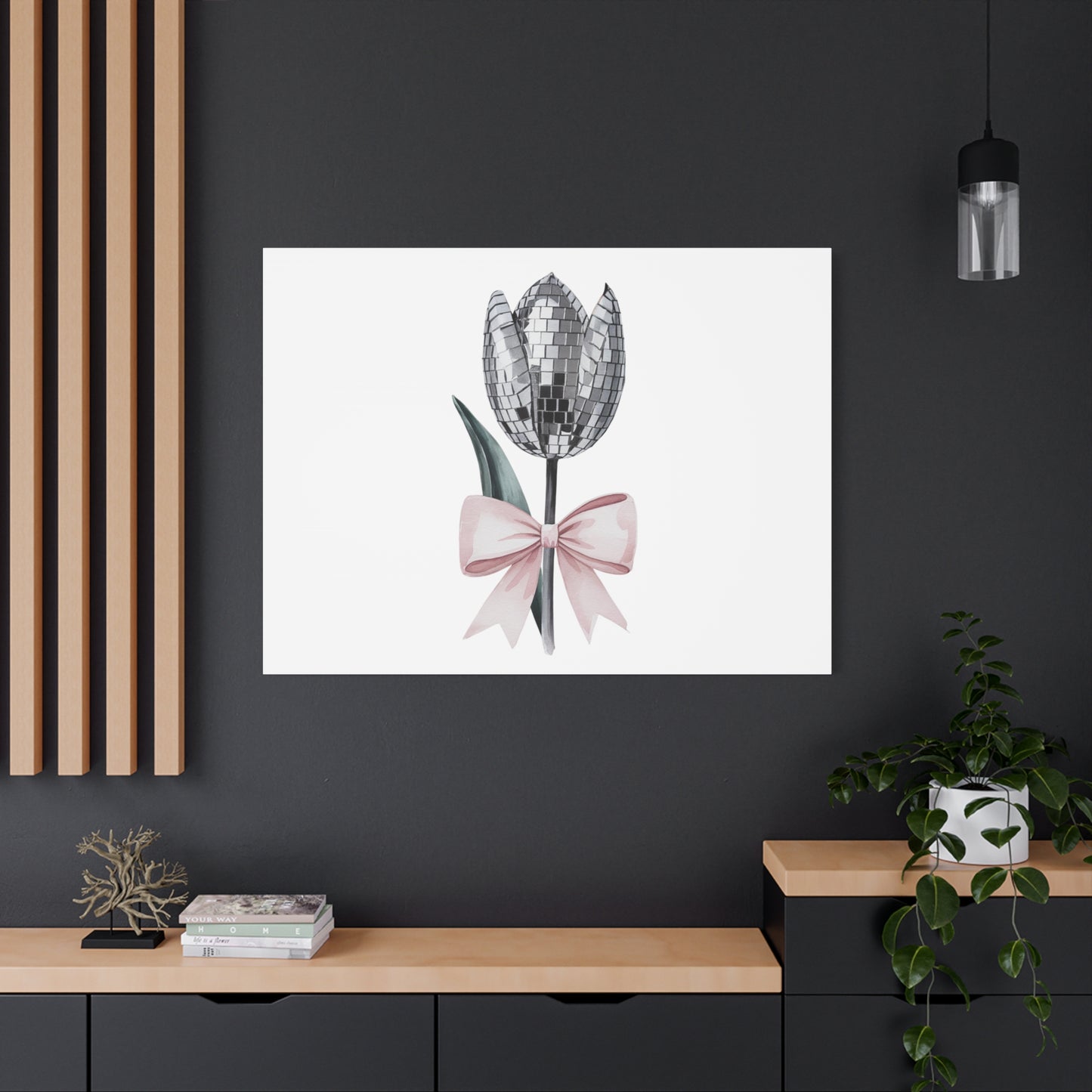 Silver Disco Tulip Wall Art Print with Pink Bow | Glam Floral Decor | Matte Canvas | Stretched |