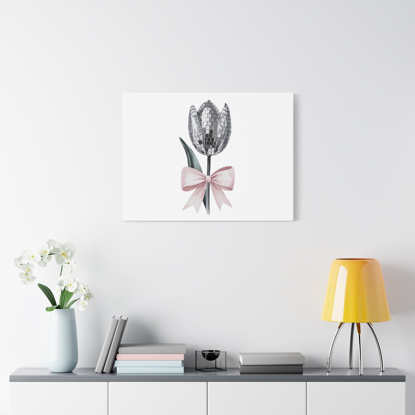 Silver Disco Tulip Wall Art Print with Pink Bow | Glam Floral Decor | Matte Canvas | Stretched |