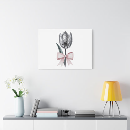 Silver Disco Tulip Wall Art Print with Pink Bow | Glam Floral Decor | Matte Canvas | Stretched |