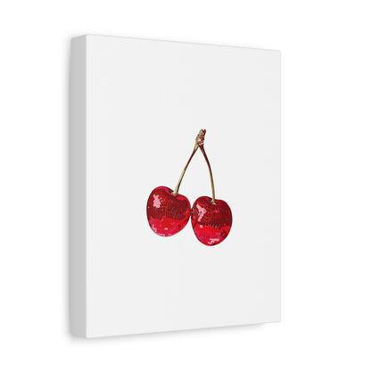 Red Glitter Disco Cherry Wall Art Print | Sparkly Pop Art Fruit Decor | Cherry Duo Matte Canvas Print | Minimal Fruit Wall Art