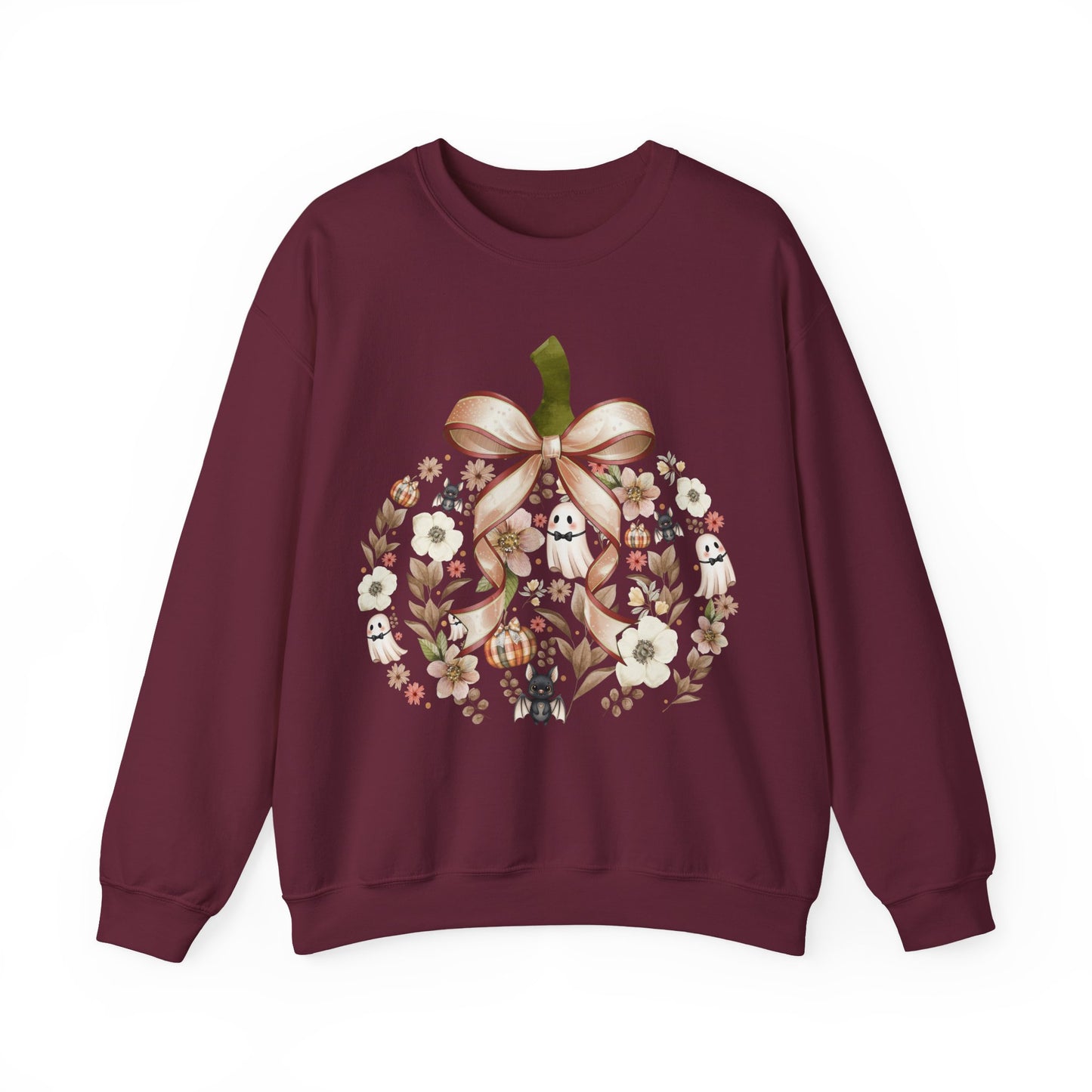 Cute Ghost Pumpkin Sweatshirt | Floral Halloween Crewneck | Spooky Pumpkin Bow Sweater | Fall Ghost Sweatshirt | Cozy Halloween Gift for Women | Crewneck Sweatshirt | Floral Pumpkin Wreath with Ribbon...