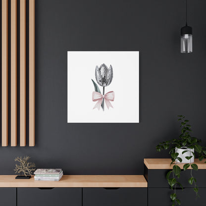 Silver Disco Tulip Wall Art Print with Pink Bow | Glam Floral Decor | Matte Canvas | Stretched |