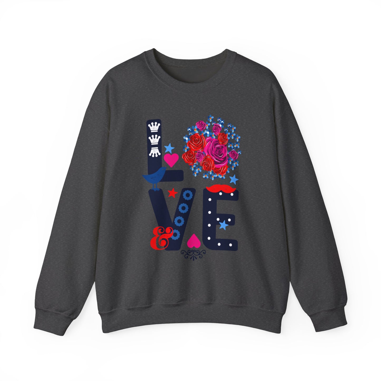 LOVE Graphic Sweatshirt |  Cute Floral Heart Print Women’s Casual Pullover Top | Unisex Heavy Blend | Crewneck Sweatshirt