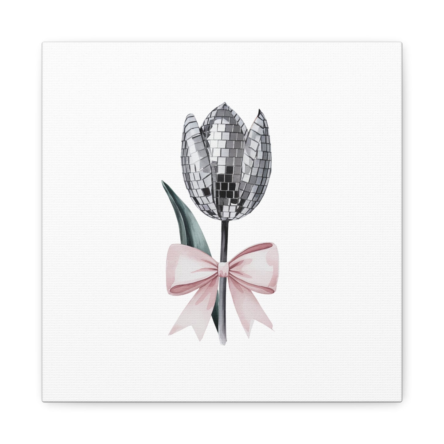 Silver Disco Tulip Wall Art Print with Pink Bow | Glam Floral Decor | Matte Canvas | Stretched |