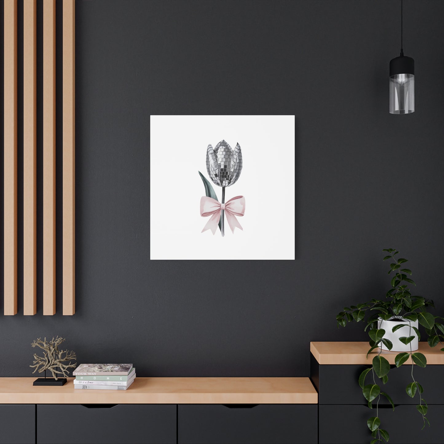 Silver Disco Tulip Wall Art Print with Pink Bow | Glam Floral Decor | Matte Canvas | Stretched |