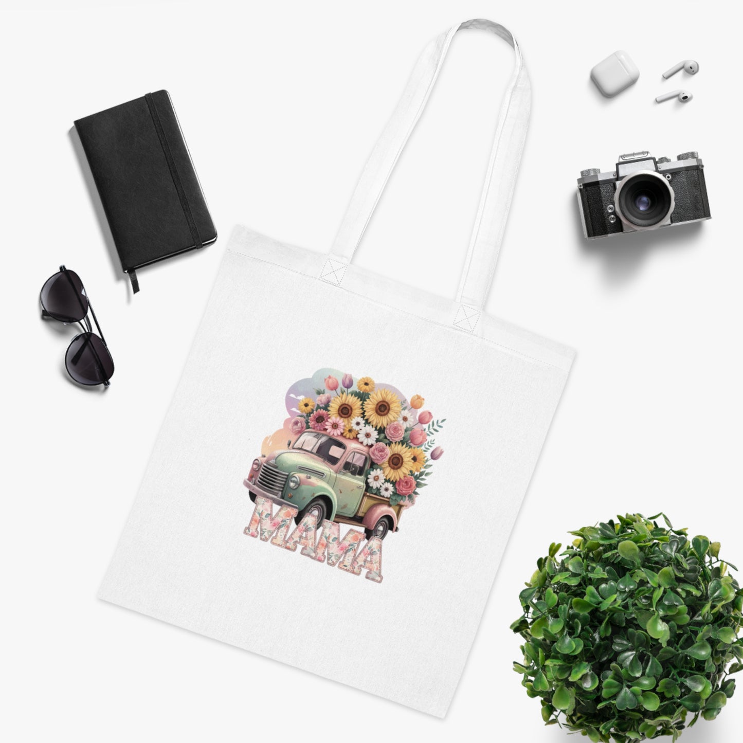Cotton Tote | Vintage Sunflower Mother’s Day Gift | Mama Floral Truck Tote Bag | Cute Mom Canvas Tote Bag for Everyday Use | Gifts