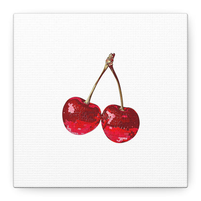 Red Glitter Disco Cherry Wall Art Print | Sparkly Pop Art Fruit Decor | Cherry Duo Matte Canvas Print | Minimal Fruit Wall Art