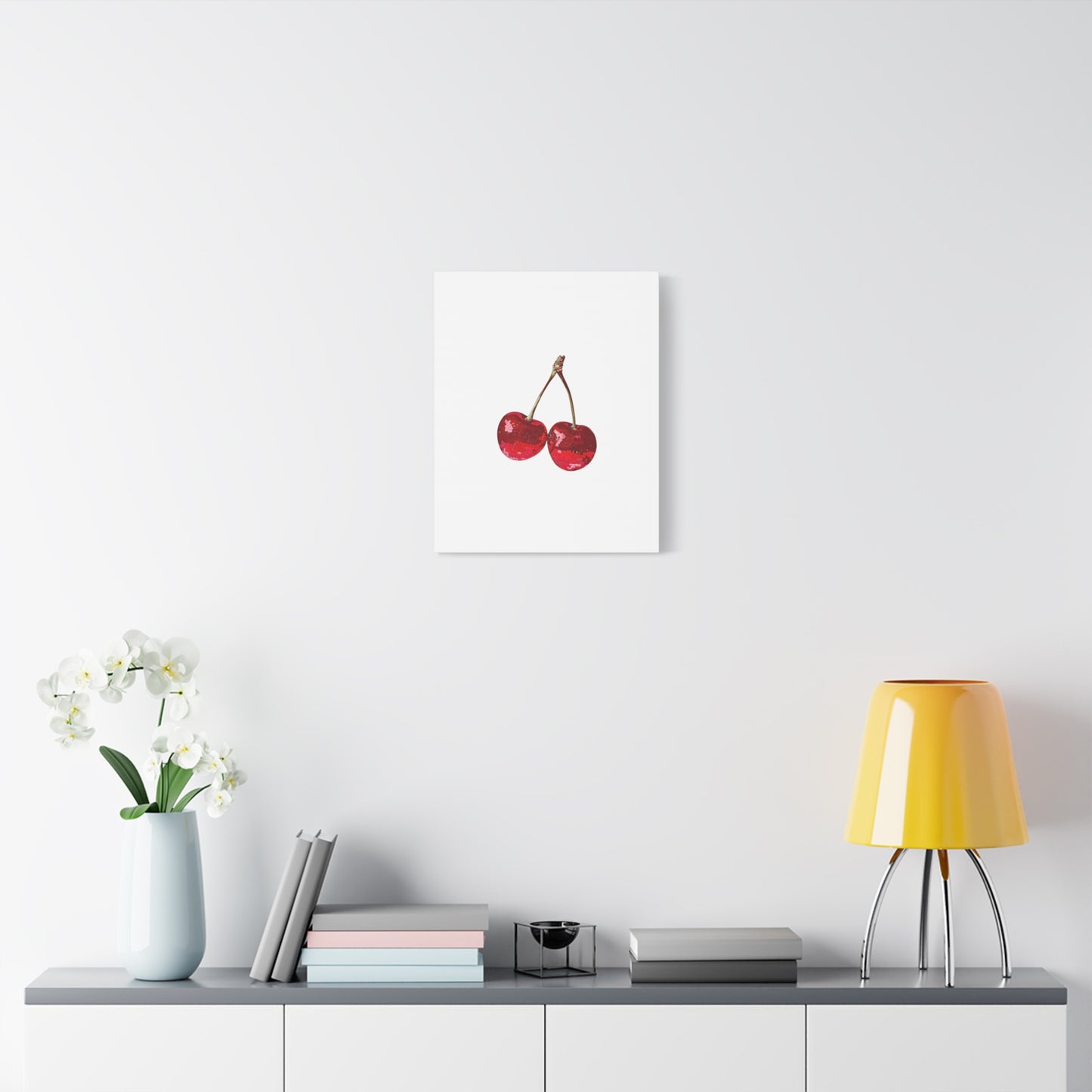 Red Glitter Disco Cherry Wall Art Print | Sparkly Pop Art Fruit Decor | Cherry Duo Matte Canvas Print | Minimal Fruit Wall Art