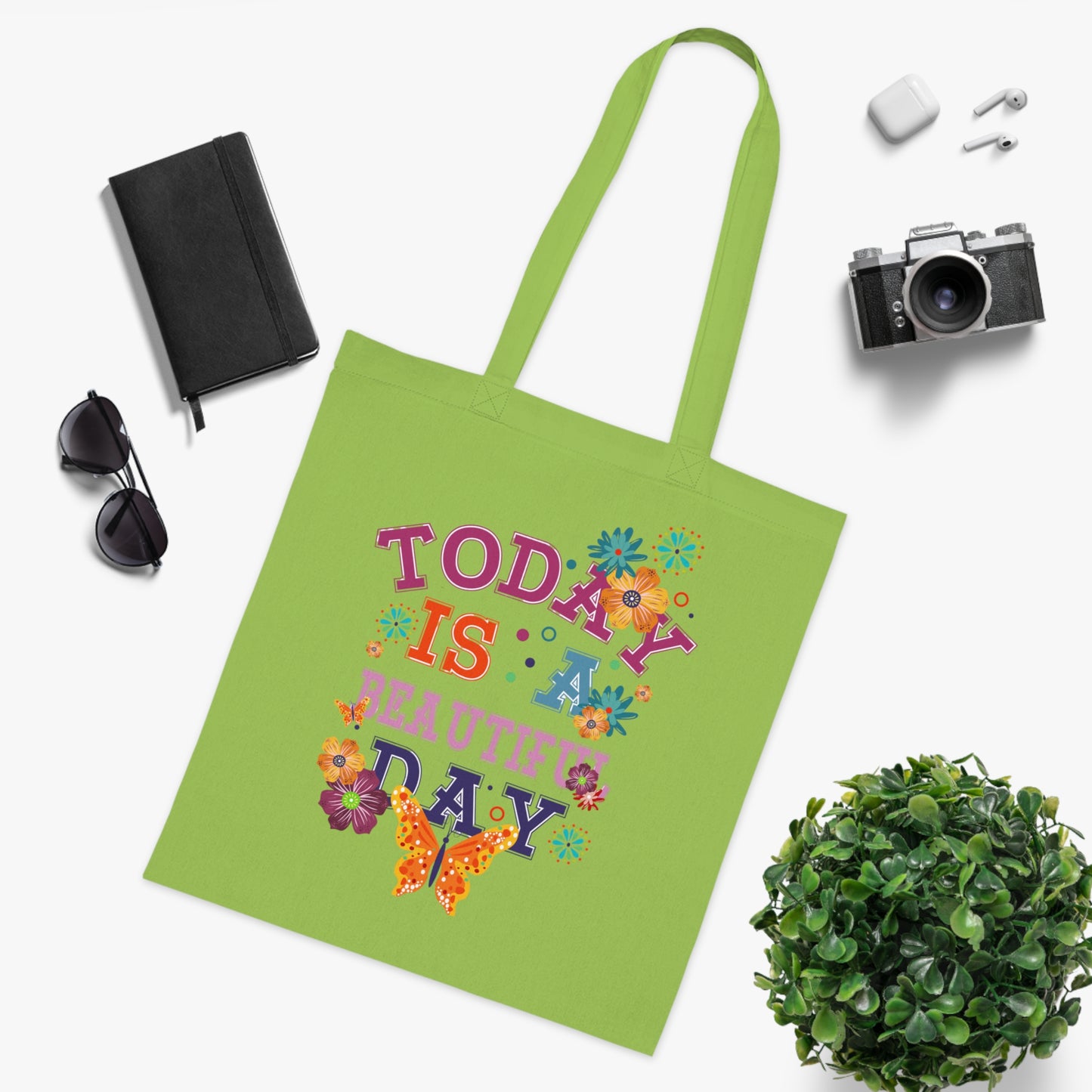Tote for Everyday Use | Picnic | Travel Today Is a Beautiful Day Cotton Tote | Floral Butterfly Motivational Shopper Bag