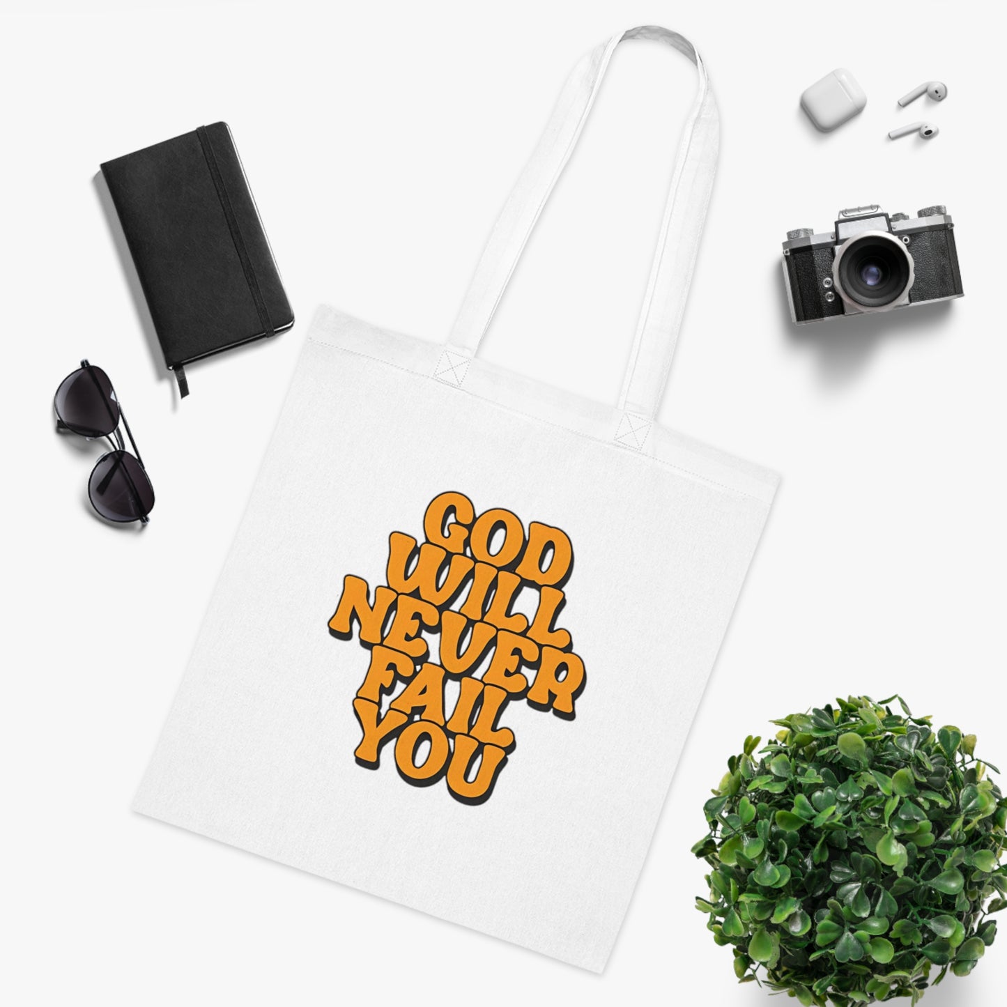 Faith Tote Bag | God Will Never Fail You | Inspirational Cotton Shopping Tote | Christian Faith Canvas Tote Bag for Church | Men | Everyday Use