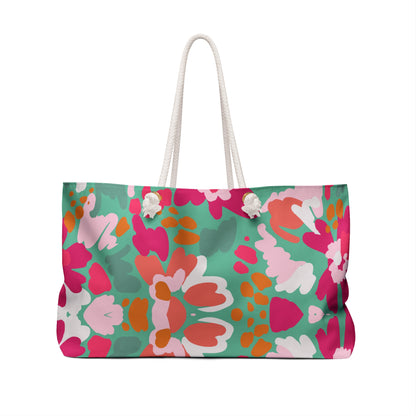 Floral Ikat Weekender Bag | Pink & Teal Patterned Travel Tote | Colorful Boho Carry-On Tote for Stylish Getaways