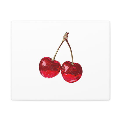 Red Glitter Disco Cherry Wall Art Print | Sparkly Pop Art Fruit Decor | Cherry Duo Matte Canvas Print | Minimal Fruit Wall Art