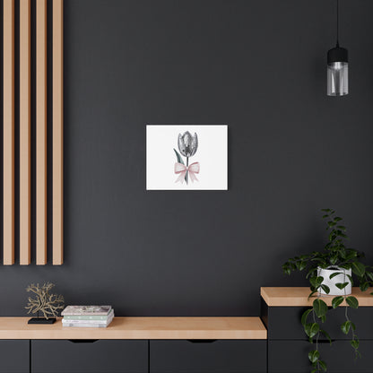 Silver Disco Tulip Wall Art Print with Pink Bow | Glam Floral Decor | Matte Canvas | Stretched |
