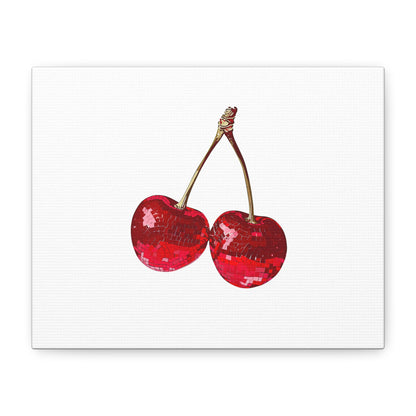 Red Glitter Disco Cherry Wall Art Print | Sparkly Pop Art Fruit Decor | Cherry Duo Matte Canvas Print | Minimal Fruit Wall Art