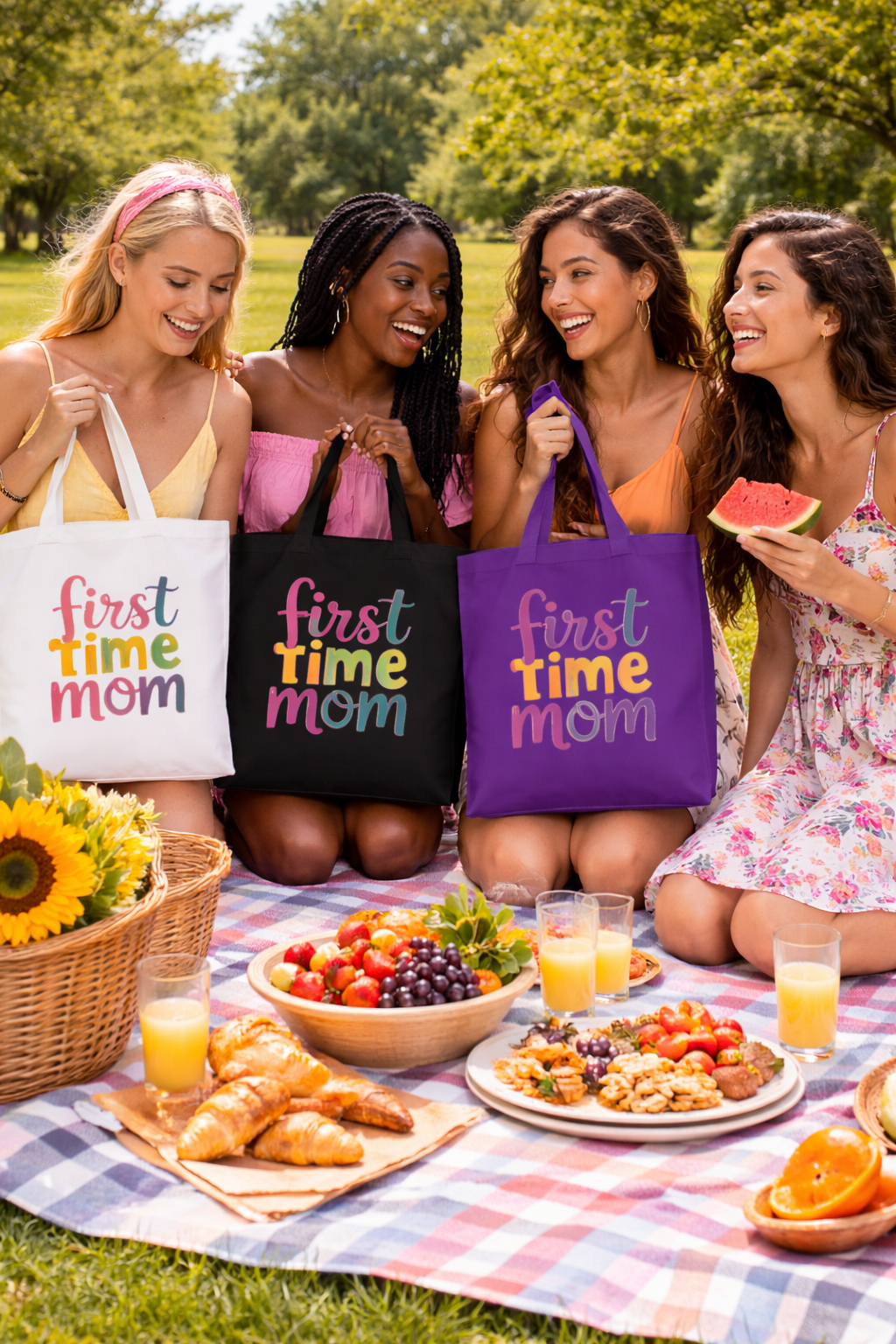 Moms picnic with colorful totes. | GrindGlow Apparel