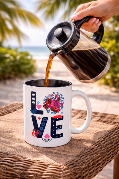 LOVE Floral Mug | Cute Aesthetic Coffee Cup with Heart | Rose Design | Gift for Her, Girlfriend, Wife | Stylish Ceramic Mug Accent Coffee Mug (11oz, 15oz)