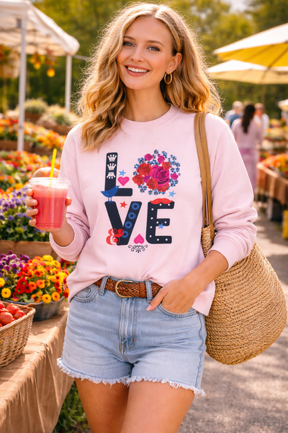 LOVE Graphic Sweatshirt |  Cute Floral Heart Print Women’s Casual Pullover Top | Unisex Heavy Blend | Crewneck Sweatshirt