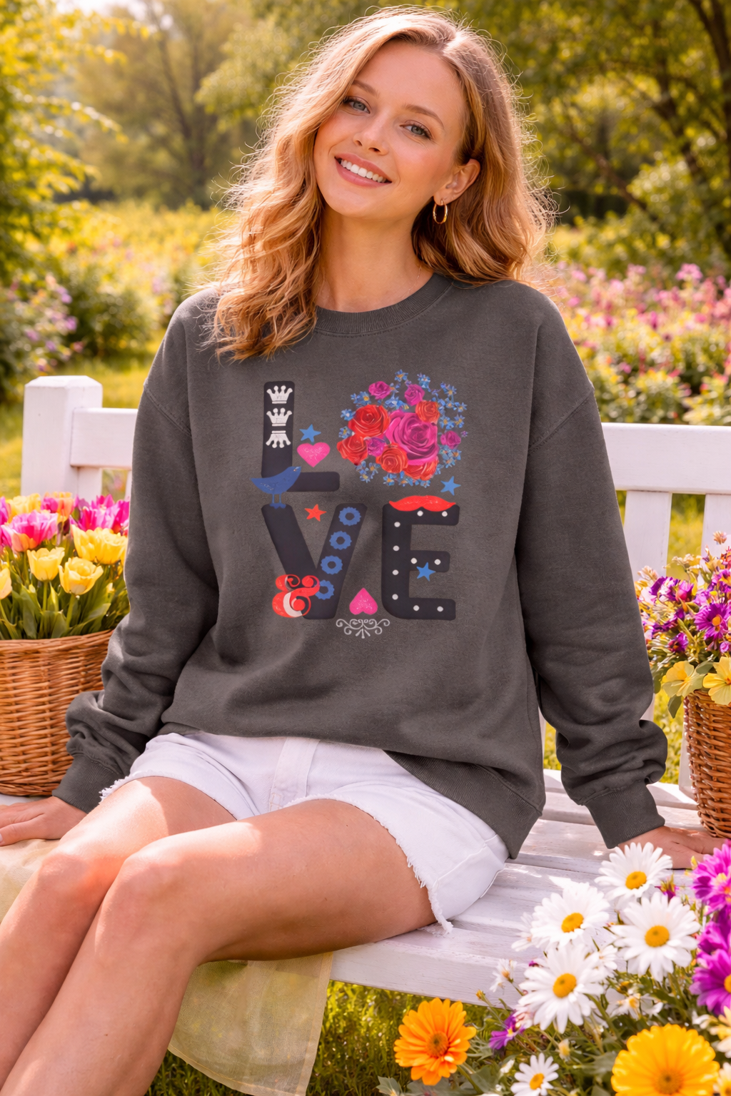 LOVE Graphic Sweatshirt |  Cute Floral Heart Print Women’s Casual Pullover Top | Unisex Heavy Blend | Crewneck Sweatshirt