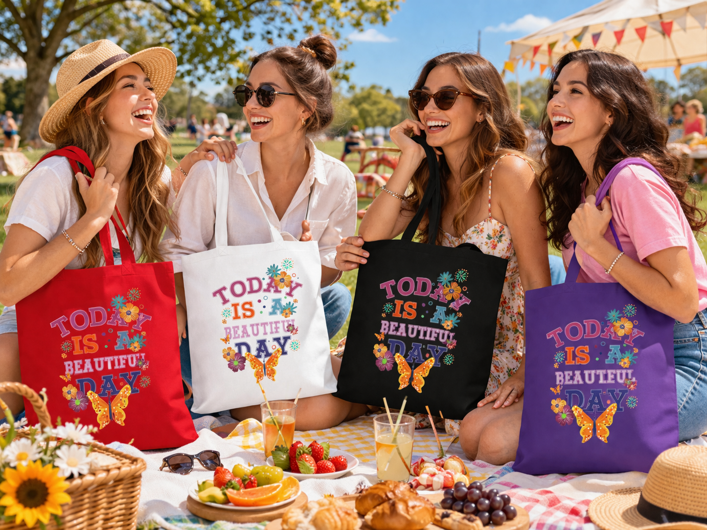 Tote for Everyday Use | Picnic | Travel Today Is a Beautiful Day Cotton Tote | Floral Butterfly Motivational Shopper Bag