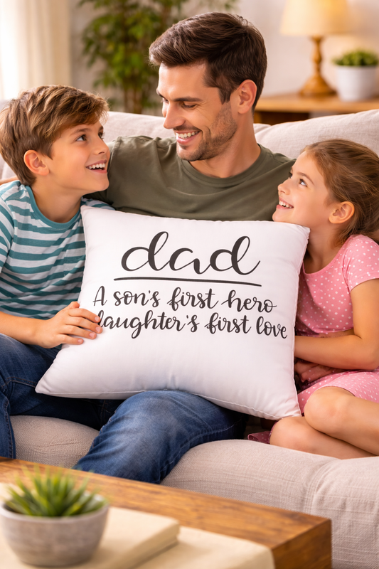 Dad Cushion Cover | A Son’s First Hero A Daughter’s First Love Pillow | Father’s Day Gift | Gift for Dad | Square Poly Canvas Pillow