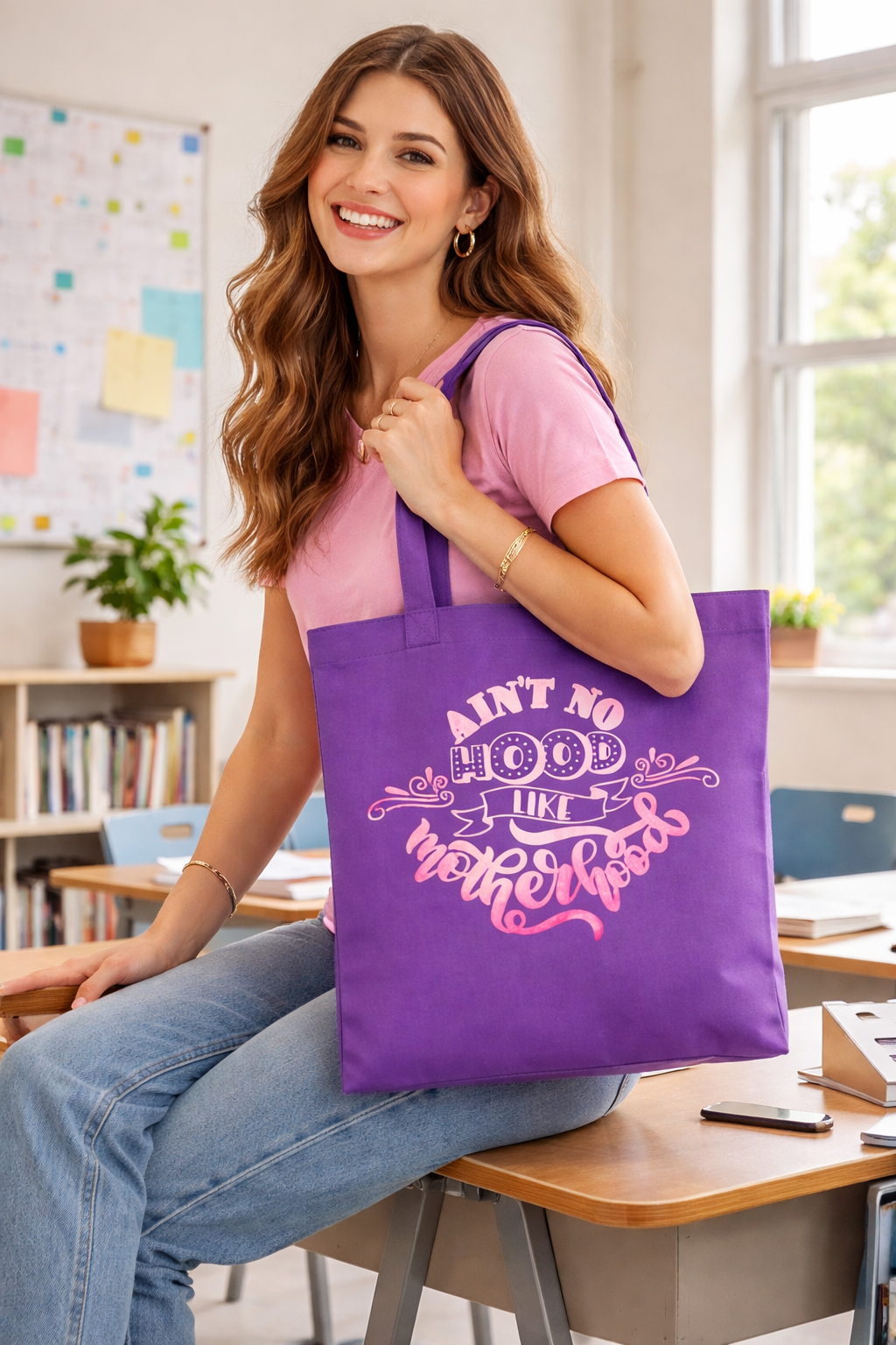 Stylish Canvas Tote for Moms | Everyday Carry & Gift Idea | Ain't No Hood Like Motherhood Cotton Tote | Pink Mom Tote Bag