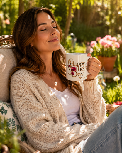 Happy Mother’s Day Mug Gift | Floral Ceramic Coffee Cup for Mum | Garden Relaxation Gift Idea for Mom | Ceramic Mug  | 11oz | 15oz