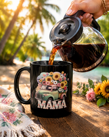 Mother’s Day Ceramic Mug | Mama Floral Truck Mug  | Vintage Flower Coffee Cup for Mom | Cute Mama Gift Mug | Black Mug  | 11oz | 15oz